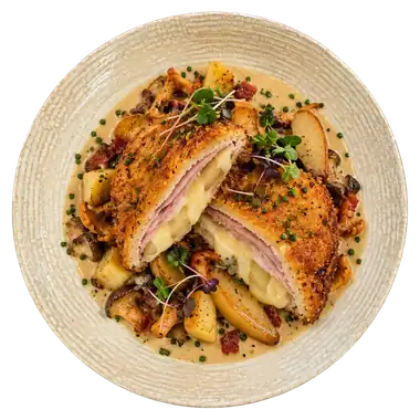 Cordon Bleu mit Pommes und Gemüse
